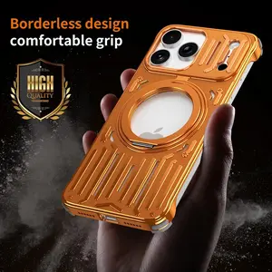 For iPhone 17 16 Pro Max Rotating Stand Magnetic Metal Mesh Case, Efficient Cooling Shockproof Cover, Aluminum Material