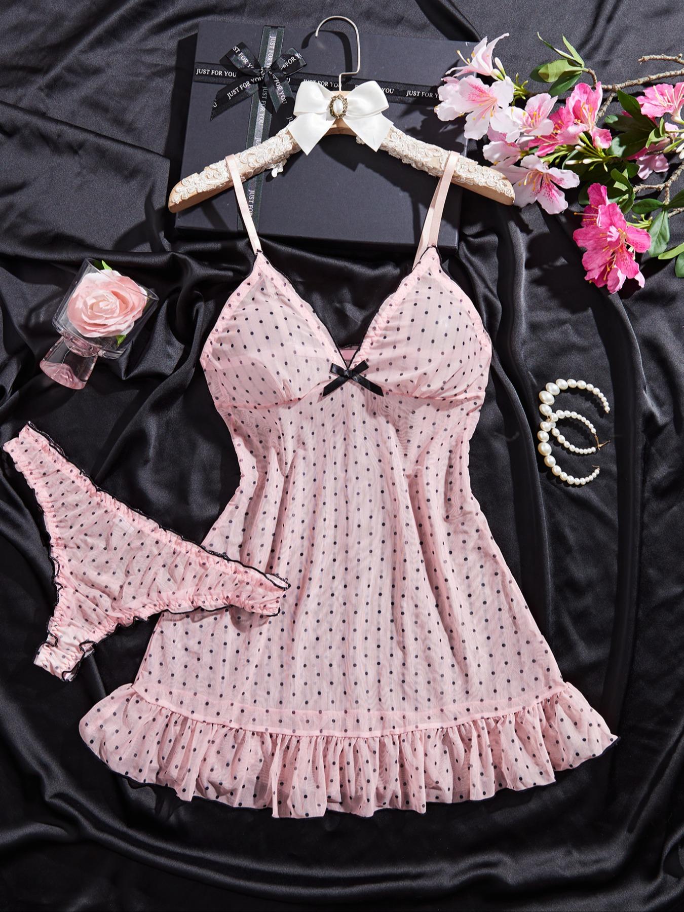 Women's Polka Dot Sheer Mesh Sleepwear Set, Elegant Ruffle Hem Nightgown with Bow Front Decor, Comfortable All-Season Pajamas