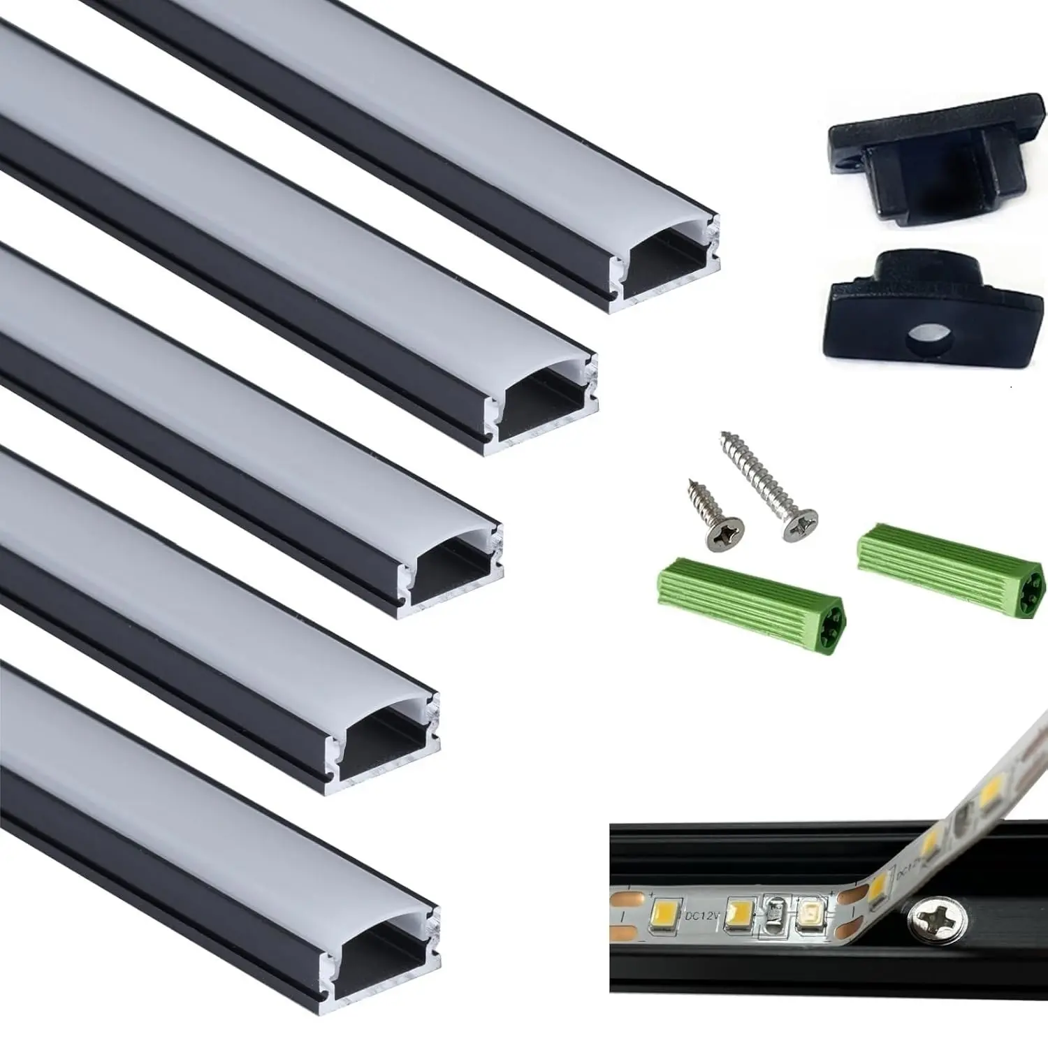 5-Pack 3.28FT Pre-Drilled Countersunk Hole LED Strip U Channel Diffuser, Matte Black Flush Mounted Under Cabinet Tape Light Aluminum Low Profile with Milky Cover