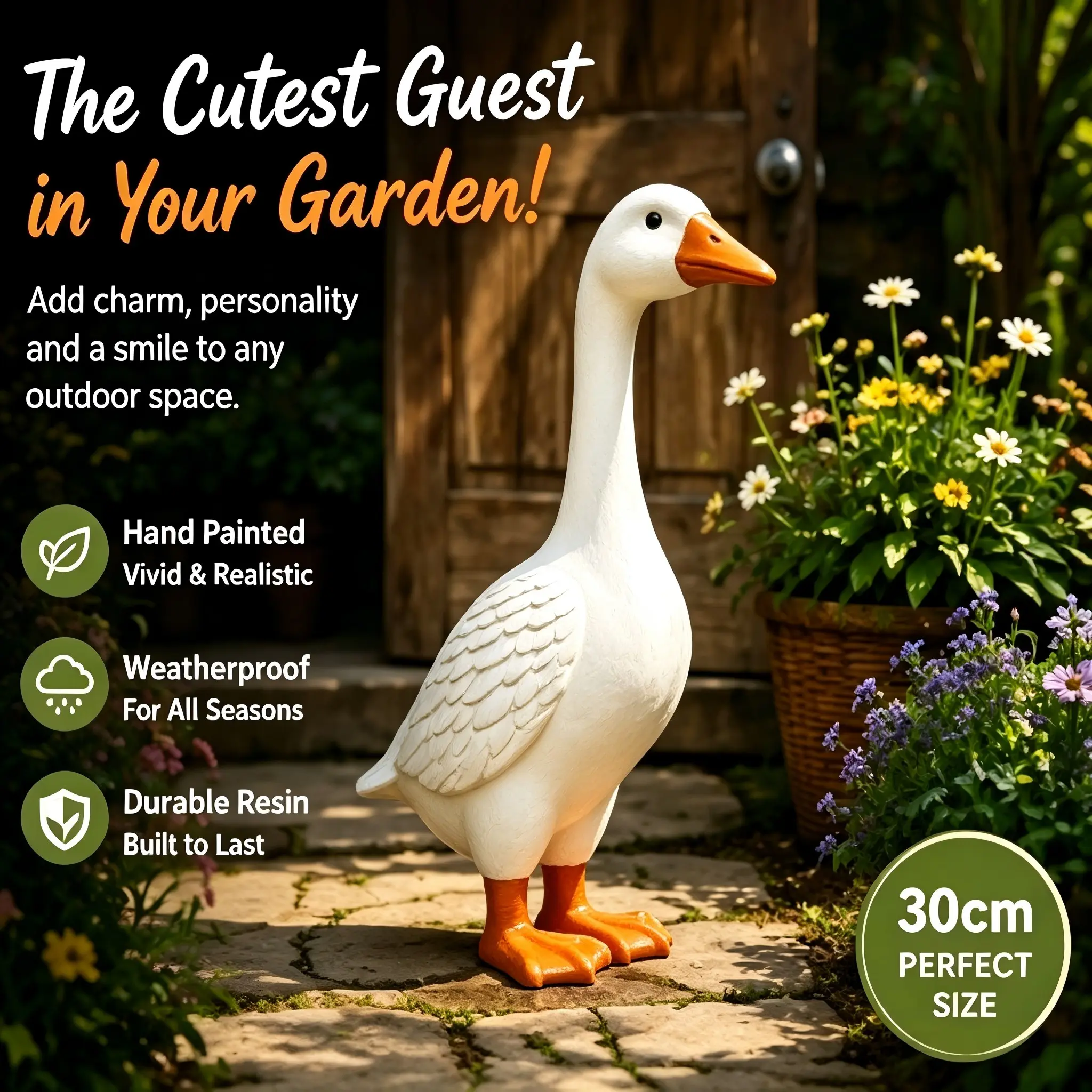 30cm White Resin Goose Garden Statue | Outdoor Farmhouse Decor | Weatherproof Lawn Ornament | Cute Gift for Garden Lovers | Porch Goose Statue | Resin Sculptures