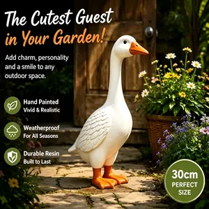 30cm White Resin Goose Garden Statue | Outdoor Farmhouse Decor | Weatherproof Lawn Ornament | Cute Gift for Garden Lovers | Porch Goose Statue | Resin Sculptures