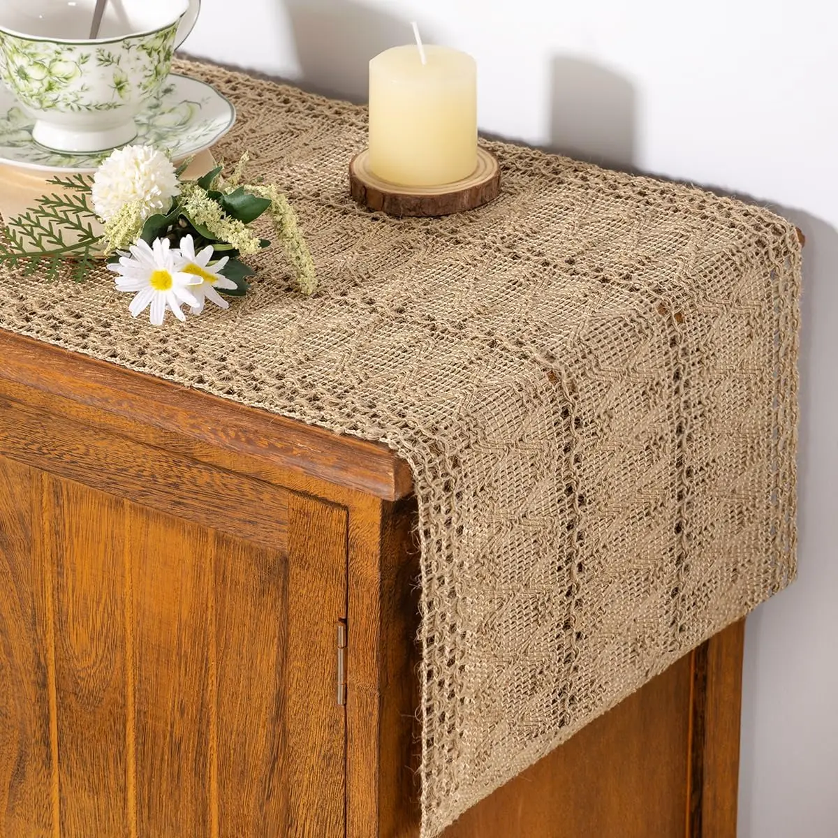 Burlap Brown Boho Macrame Fringe Table Runner - 12x36 in, Wrinkle Resistant, Soft Linen-Cotton Blend, Lay Flat, Machine Washable, Jute-Bamboo Rustic, Party Accent, All Seasons, Dog & Cat Furniture Stairs Accent, Easter