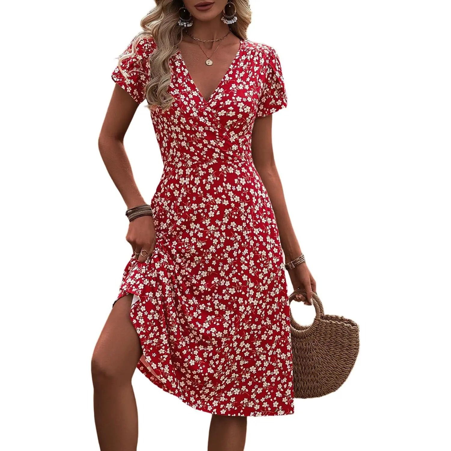 Women 2026 Summer Sundress Short Tulip Sleeve Wrap Neck Dress Church Brunch Office with Pockets