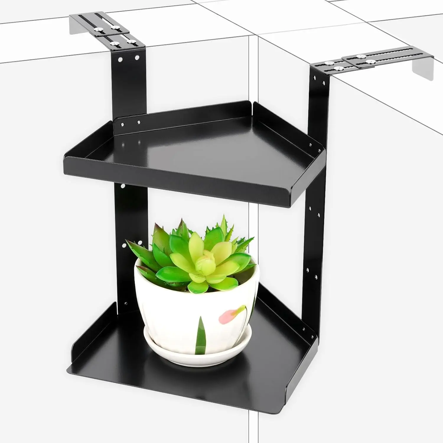 Office Cubicle Shelf, Height Adjustable Hanging Corner Shelf with Adjustable Hooks, Double Layer, Black