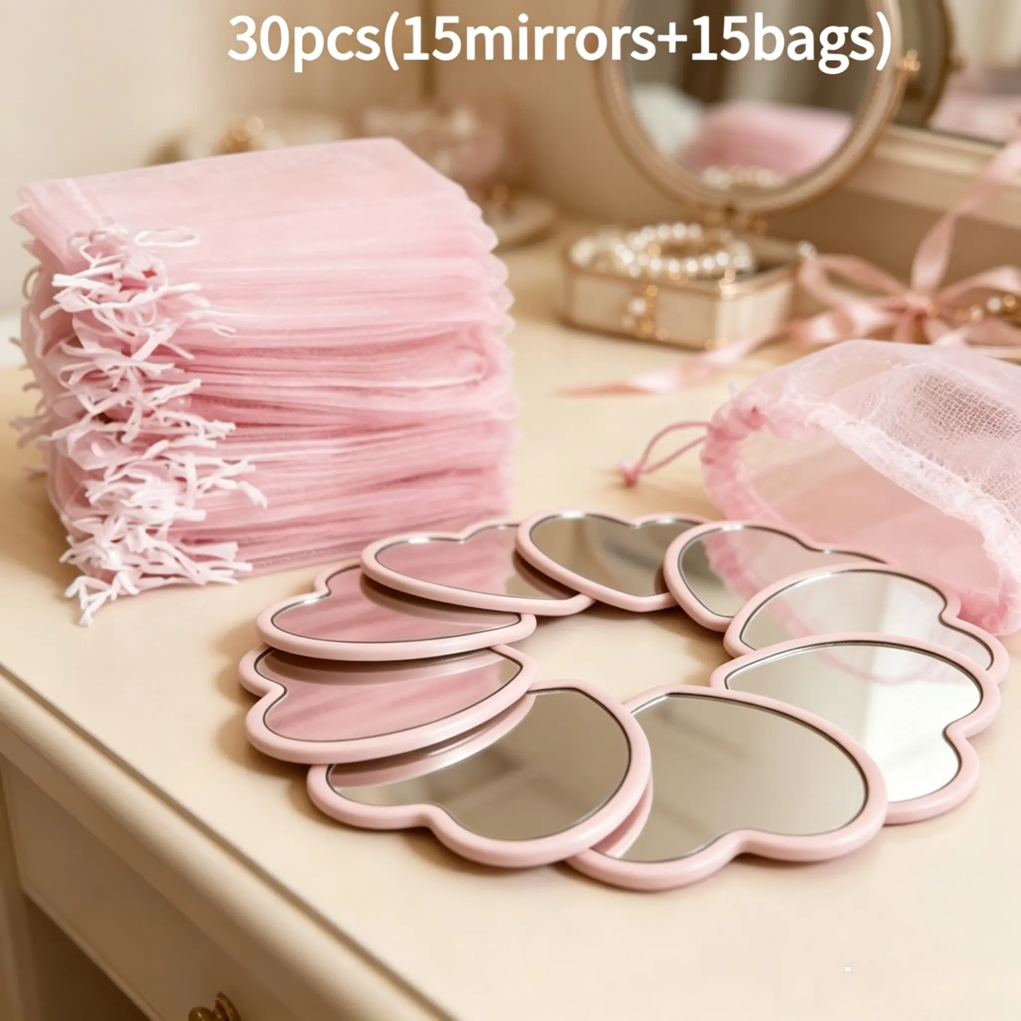 30Pcs Pink Heart Pocket Mirror Set, 15 Mini Heart Makeup Mirrors with 15 Lace Organza Gift Bags, Portable Compact Mirror for Wedding Bridal Shower Party Favors for Guests, Cosmetic Mirror