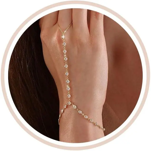 Gold Hand Chain Bracelets for Women Trendy,Dainty Clover Pearl Charm Ring Bracelet Hand Chain 14K Gold Planted Cute Heart Butterfly Flower Stackable Bracelets for Women Non Tarnish Gold Jewelry Gifts
