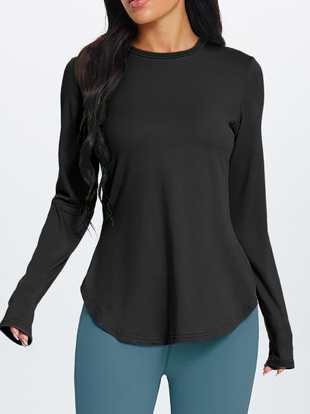 Women's Autumn Winter Casual Sports Long Sleeve Top, Fitness Clothes Tops, High Elastic Round Neck Solid Color T-Shirt for Daily Commuting and Yoga