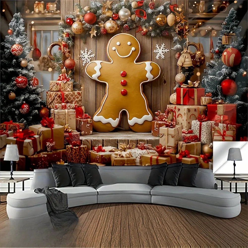 Gingerbread Candy Cane Christmas Party Backdrop Cloth Tapestry Holiday Bakery Scene Photo Background Wall Decor Event Display Indoor Outdoor Polyester Fabric Festive Banner Decoration