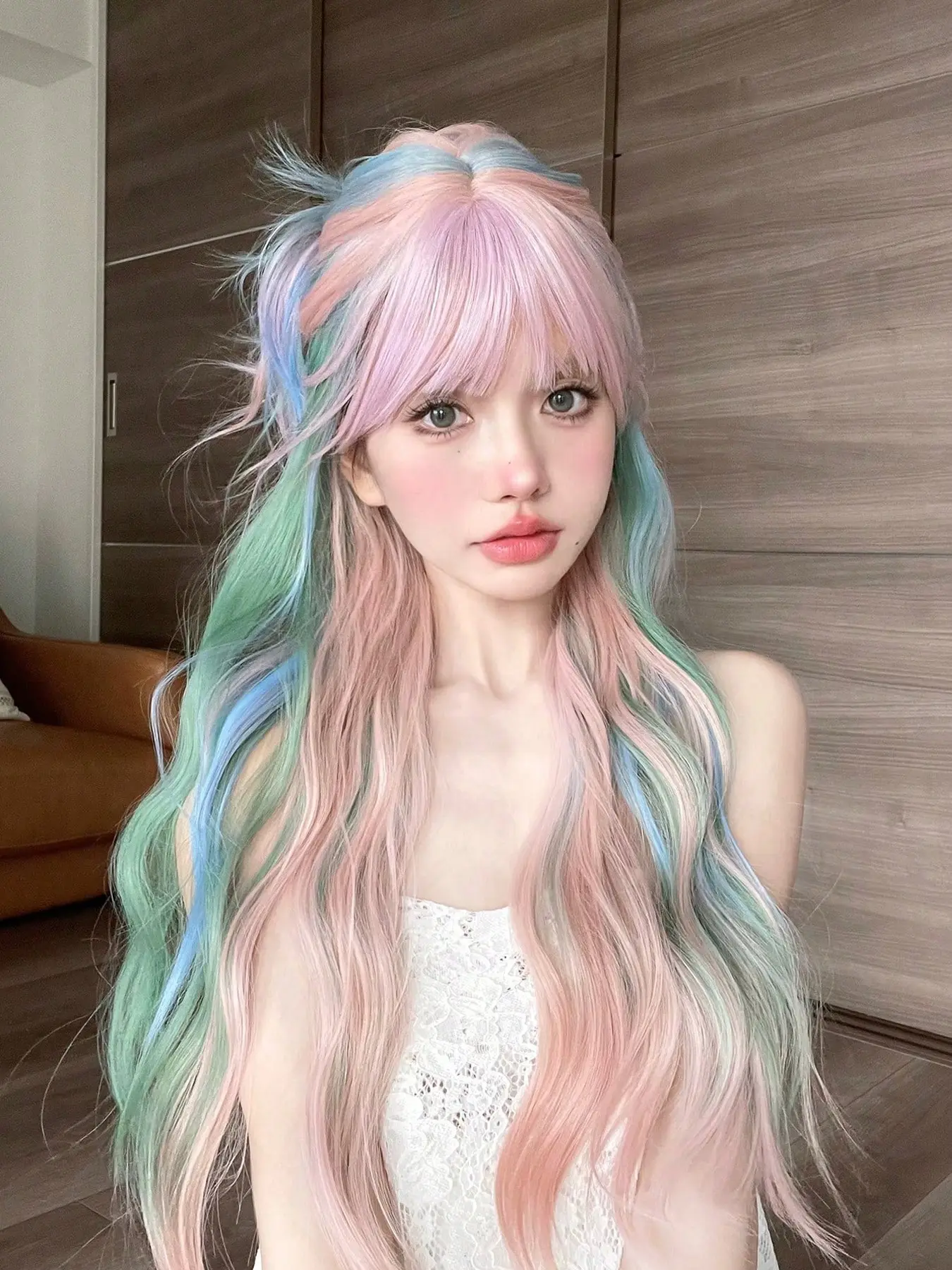 Women'S Long Curly Wavy Synthetic Wig, Iridescent Rainbow Color, Heat Resistant Fiber, 150% Density, Basic Style with Bangs, Rose Net Cap, for Daily, Party, Christmas, Cosplay
