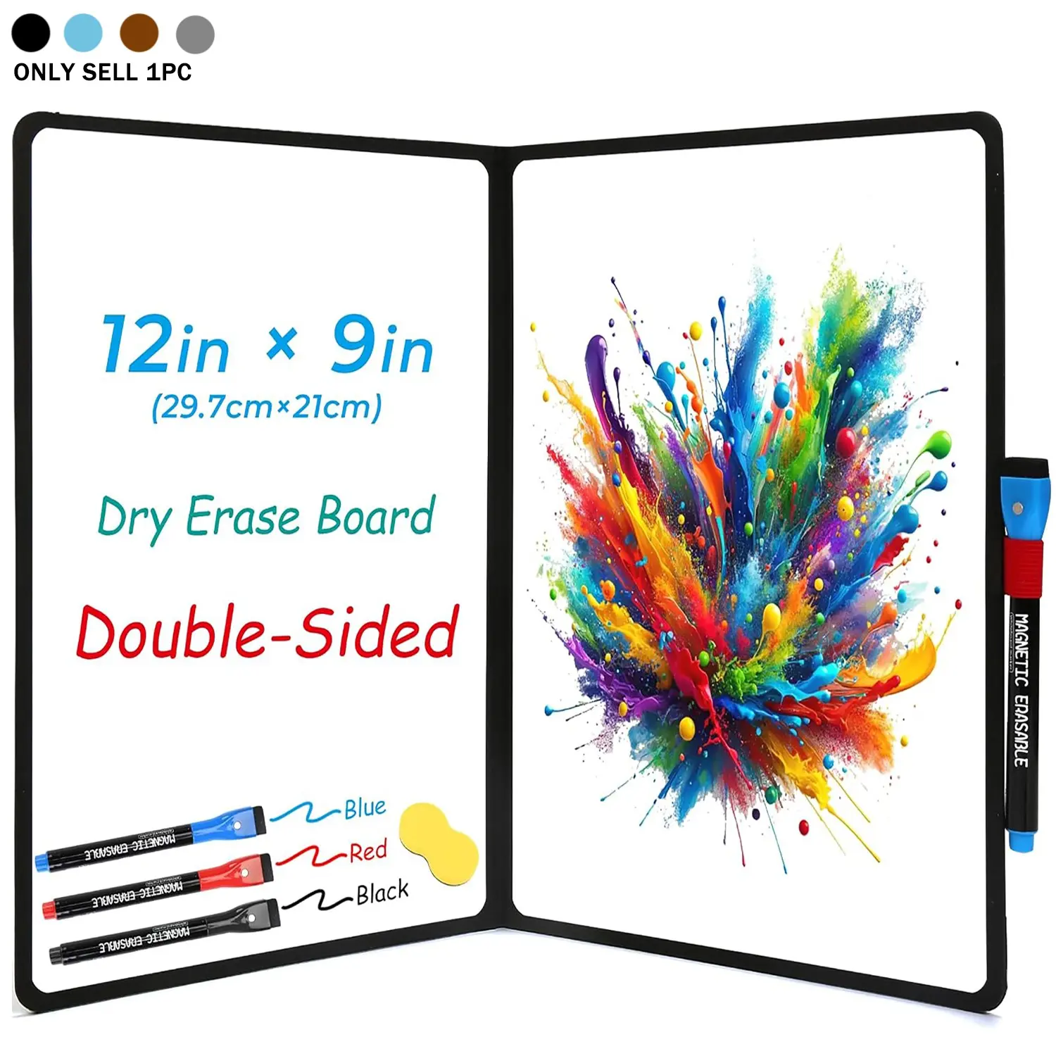 12x9 Inch Double-Sided Whiteboard - Ultra-Thin 0.3” Portable Dry Erase Board with 3 Markers - Foldable for Office, School & Travel (Black)