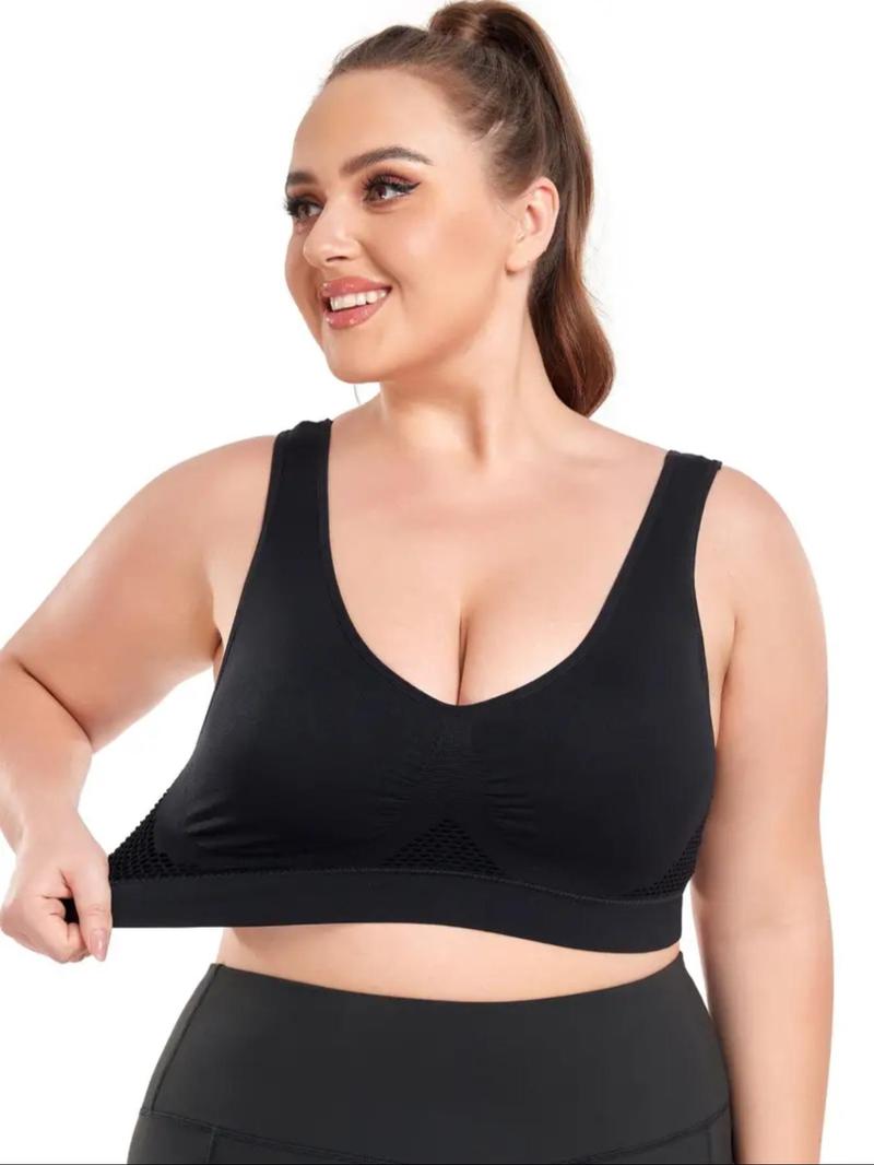 1XL-5XL,Women's Plus Size Wireless Seamless Bra Set, Breathable Hollow Back Crop Top, Wide Strap Basic Bra,All Seasons, Casual Style