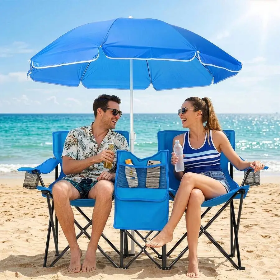 55.91"*19.69"*31.50"Double Folding Beach Chair With Removable Adjustable Umbrella, 2-Person XL Camping Chair With Cooler Bag, Cup Holders, Side Pocket, Heavy Duty 529 Lbs Load, Oxford Cloth Iron Frame For Outdoor, Beach, Camping, Patio Royal Blue