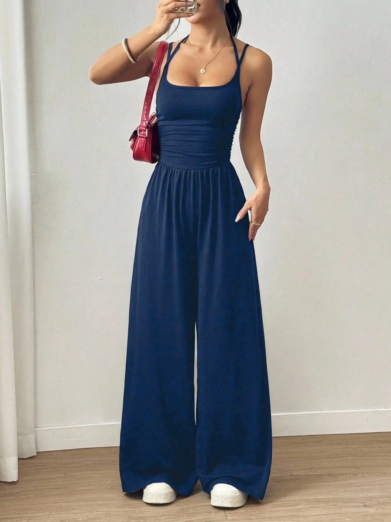 Women's Sexy Casual Halter Top Jumpsuit, Casual Comfy Jumpsuit, Wide Leg Long Pants, Sleeveless One-Piece, Backless Design, Summer Perfect Choice, Comfortable Fashion