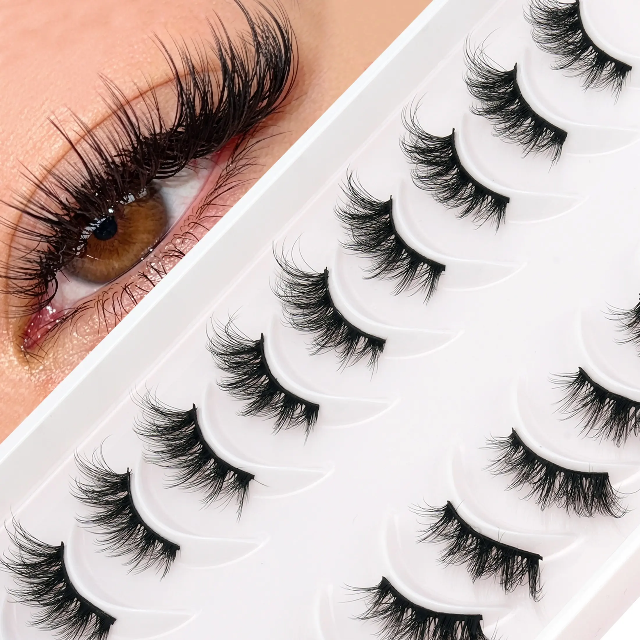 10 Pairs Fluffy Half-Open Cat Eye False Eyelashes, Stems Natural D Curl, European and American Style False Eyelashes Pack