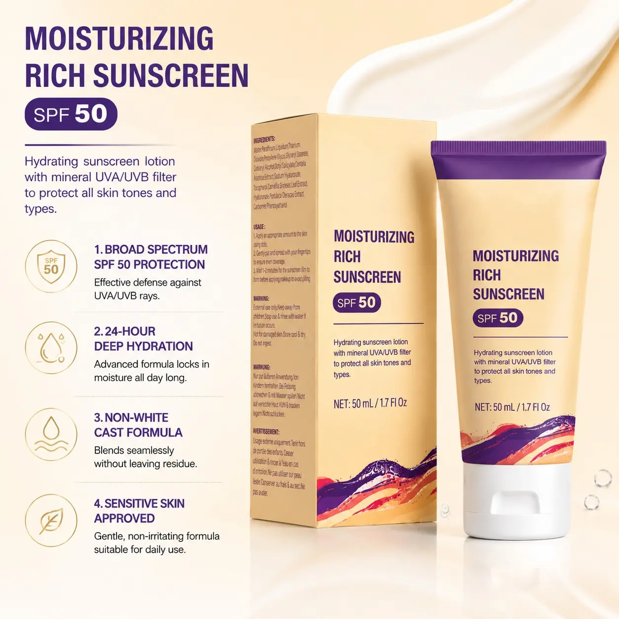 Moisturizing Rich Sunscreen SPF 50 – Mineral Zinc Oxide Face Sunscreen - Hydrating, Fragrance-Free, No White Cast | Broad Spectrum UVA/UVB Protection - 50 ml / 1.7 fl oz