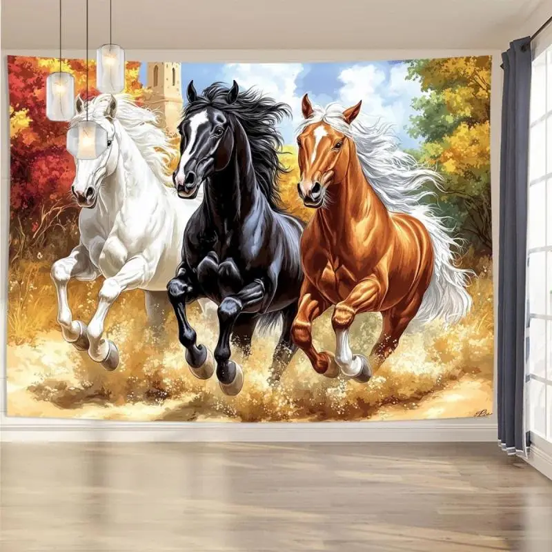 Galloping Horses Lightweight Autumn Polyester Tapestry - Home Decor Wall Hanging, Photography Background, Independence Day Gift, Love-Themed Decoration for Living Room Bedroom Accent, Family