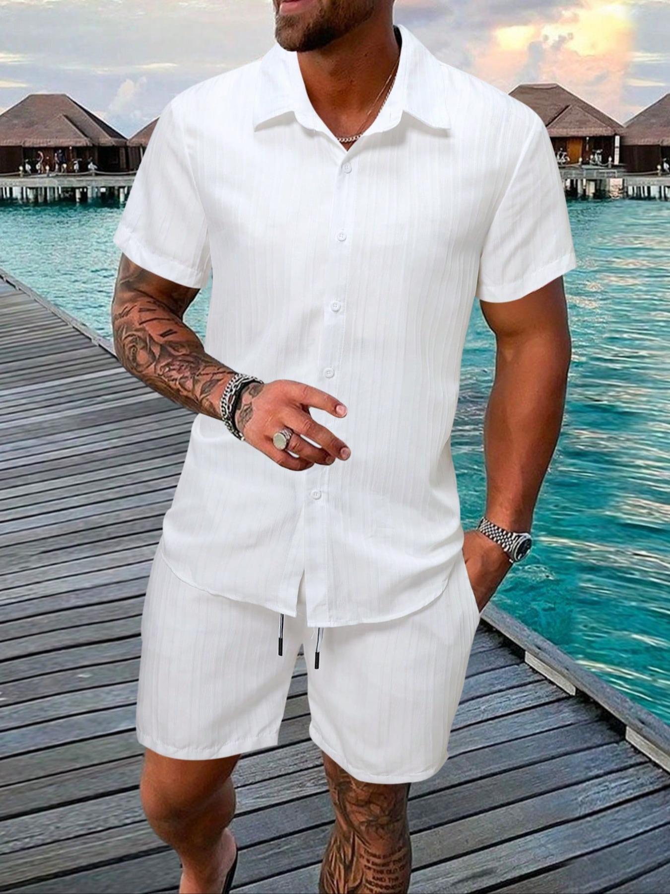 Two-Piece Set Men's Regular Fit Solid Textured Breathable Short Sleeve Shirt & Shorts, Casual Summer Set for Men, Mens Clothes for Beach Vacation