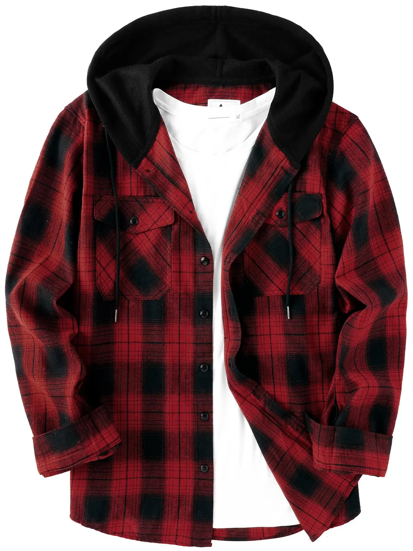 Men's Plaid Print Button Front Drawstring Hooded Shirt, Regular Fit Casual Pocket Long Sleeve Outerwear for Spring & Fall, Men's Clothes for Daily Wear