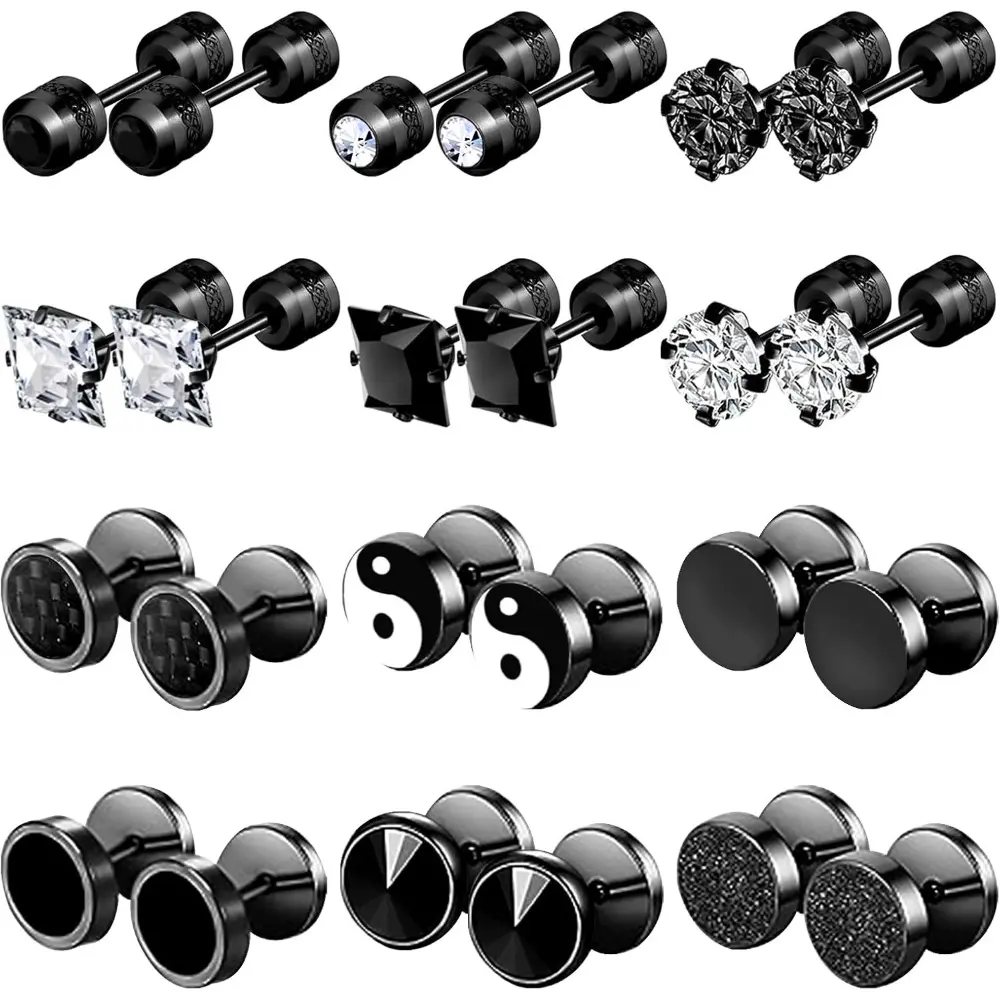 12 Pairs Black Flatback Screw Back Ear Studs, 316L Stainless Steel Inlaid Cubic Synthetic Cubic Zirconiaia Stud Earrings Set, Hypoallergenic Comfort Piercing Ear Accessories for Men Women Daily Wear