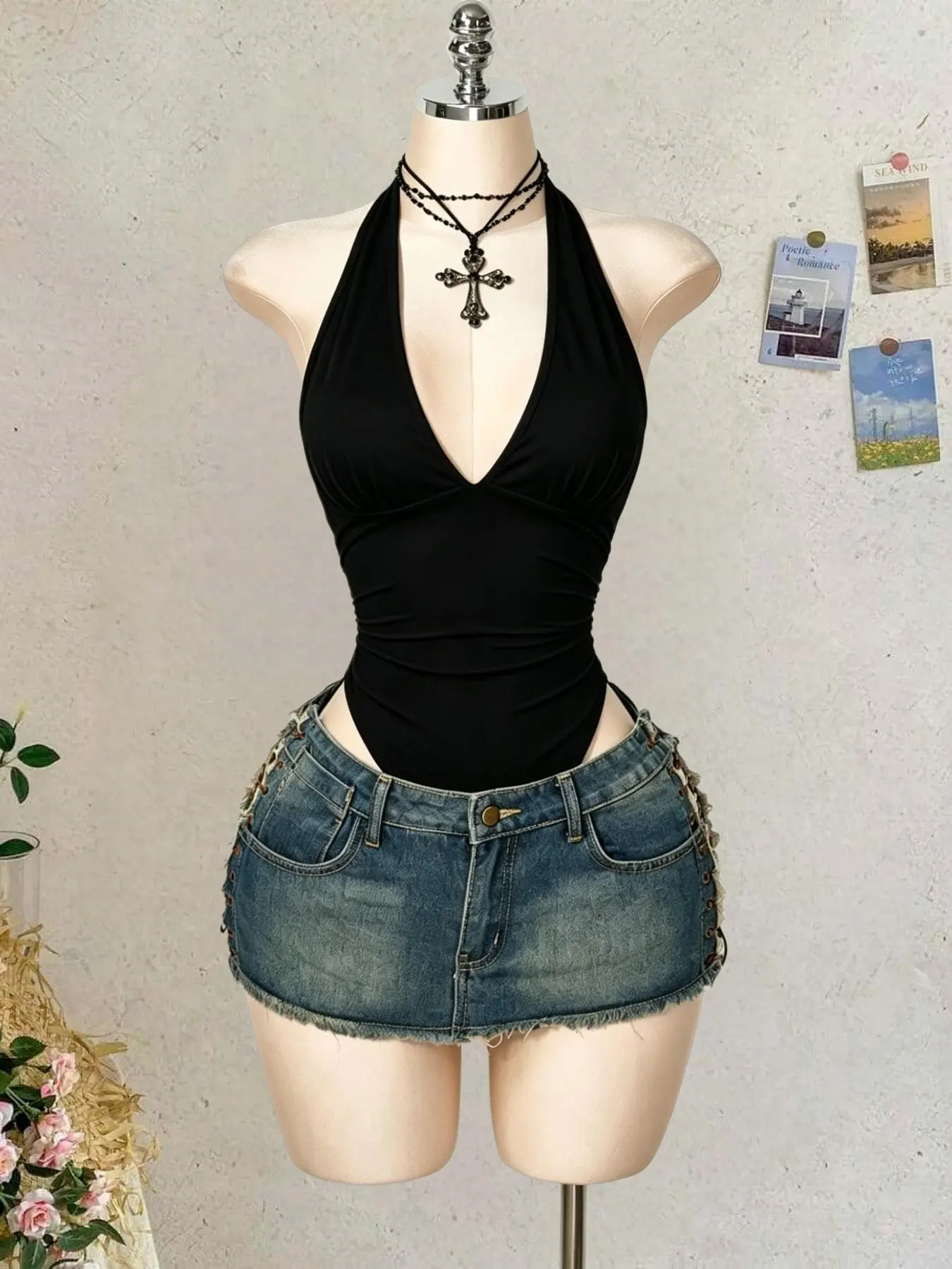 Deep V Neck One-Piece Tank Top, American Style Sexy High Cut Side Ruched Slim Fit Stretch Tight Bodycon Dress, Women's Nightclub Outerwear Base Layer