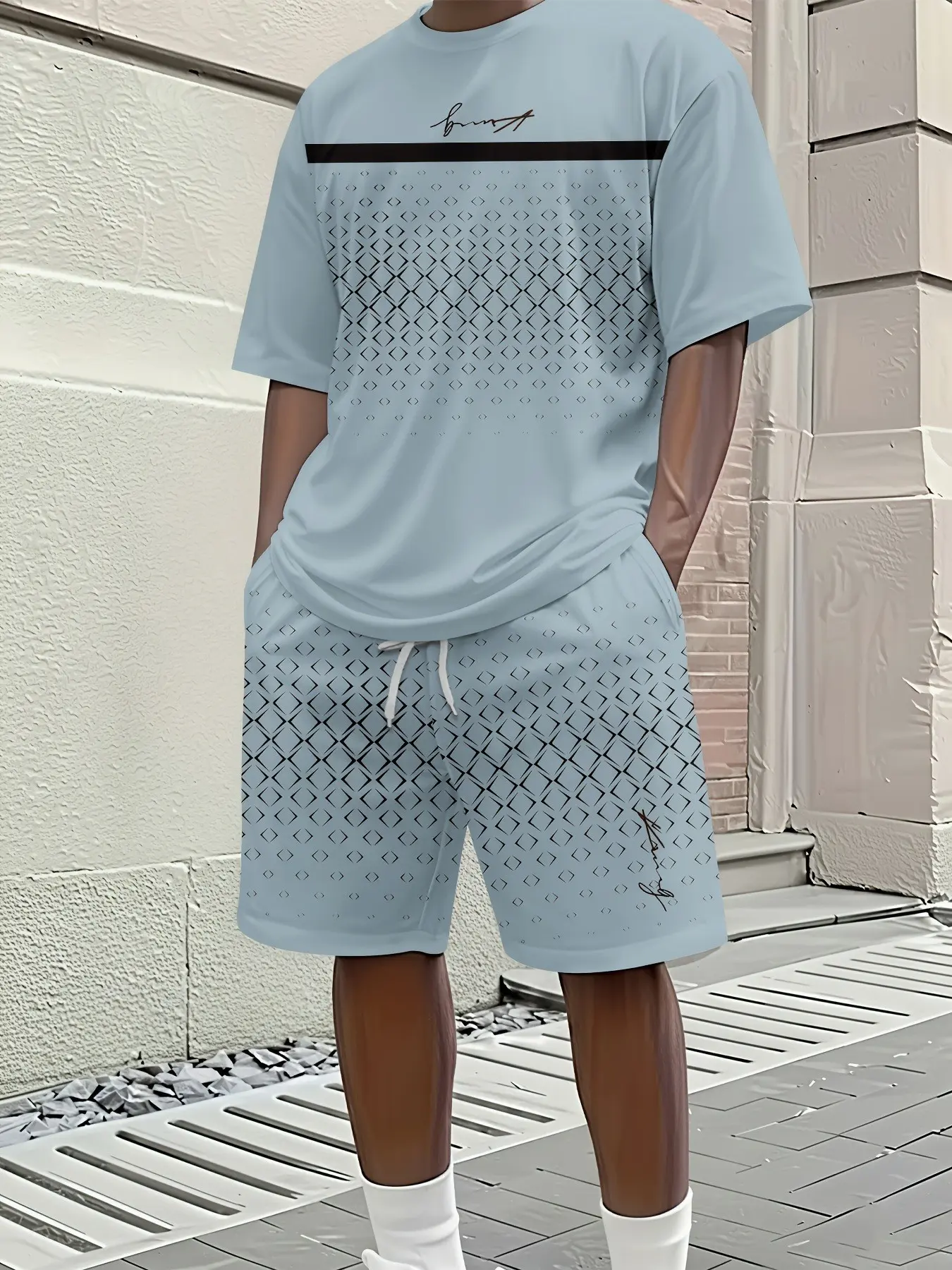 Men's Spring Summer Casual Short Sleeve Set, Houndstooth Print Tee, Breathable Sporty Style, Perfect Gift for Men