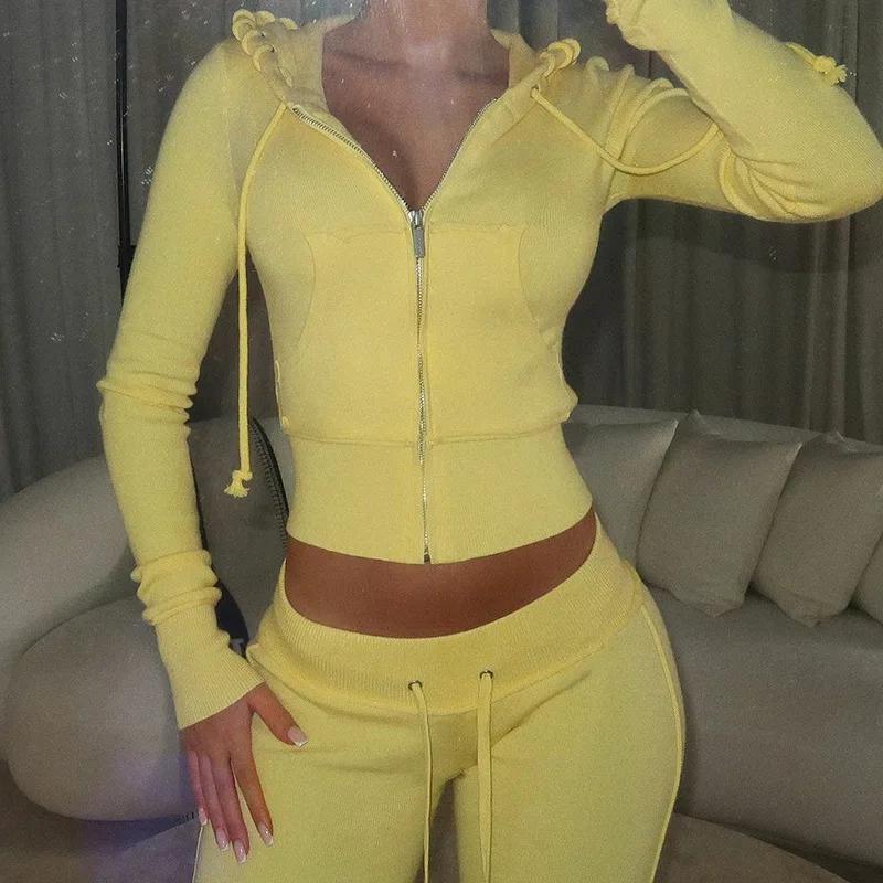 Sports suit Women Drawstring Ribbons 2 Piece Set Long Sleeve Zipup Hooded Sweatshirts Tops + Flare Pants Fashion Casual Tracksuits Summer Athletic Wear