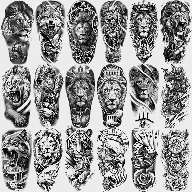 18 Pcs Cool Half Sleeve Temporary Tattoo Stickers, Fake Tattoos, Waterproof Long-Lasting Lion Tiger Wolf Eagle Design, Unisex Body Art for Daily Wear and Special Occasions