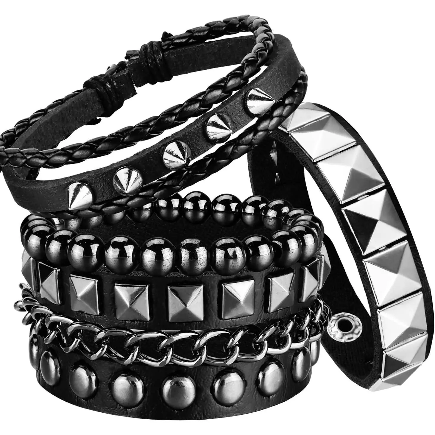 4 Pcs Punk Rock Leather Studded Spike Cuff Bracelet Set for Men Women - 80s Gothic Emo Accessories for Rocker OutfitsGift