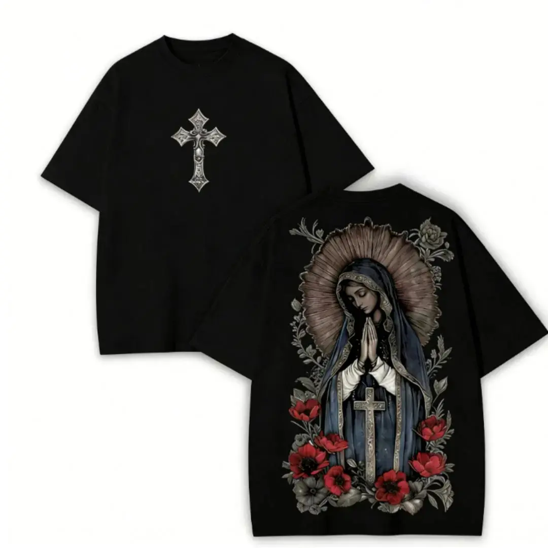 valentine shirts Virgin Mary Graphic T-Shirt, Black Cotton, Gothic Streetwear graphic  teeUnisex Crew neck T-shirt for Men And Women,All-Season Comfort,  Cotton