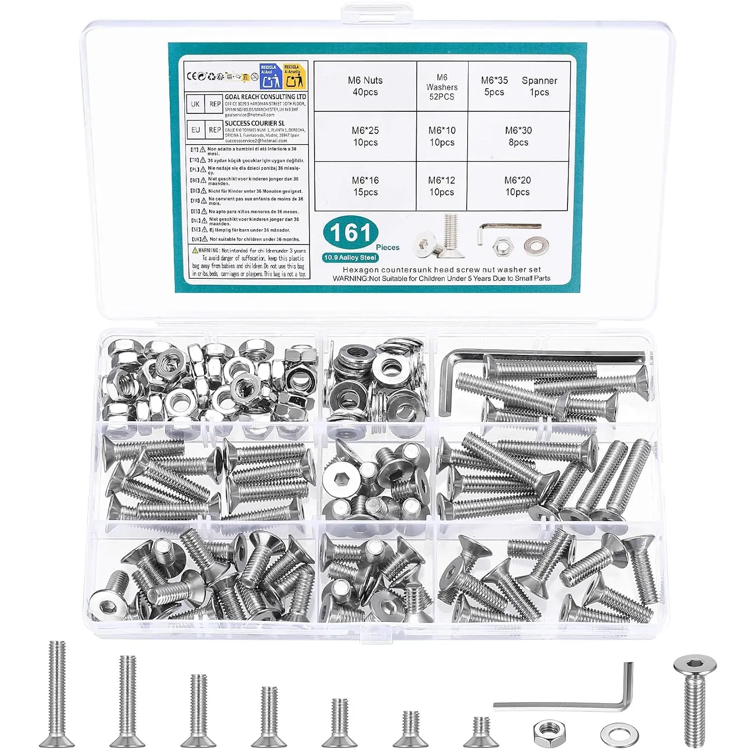 161 count M6 Screws Set, M6  and Nuts Set, Countersunk Screws, Hex Socket Flat  Screwsset, Countersunk  Hex Socket Cap Screwsset, Machine  and Nuts , with Spanner()