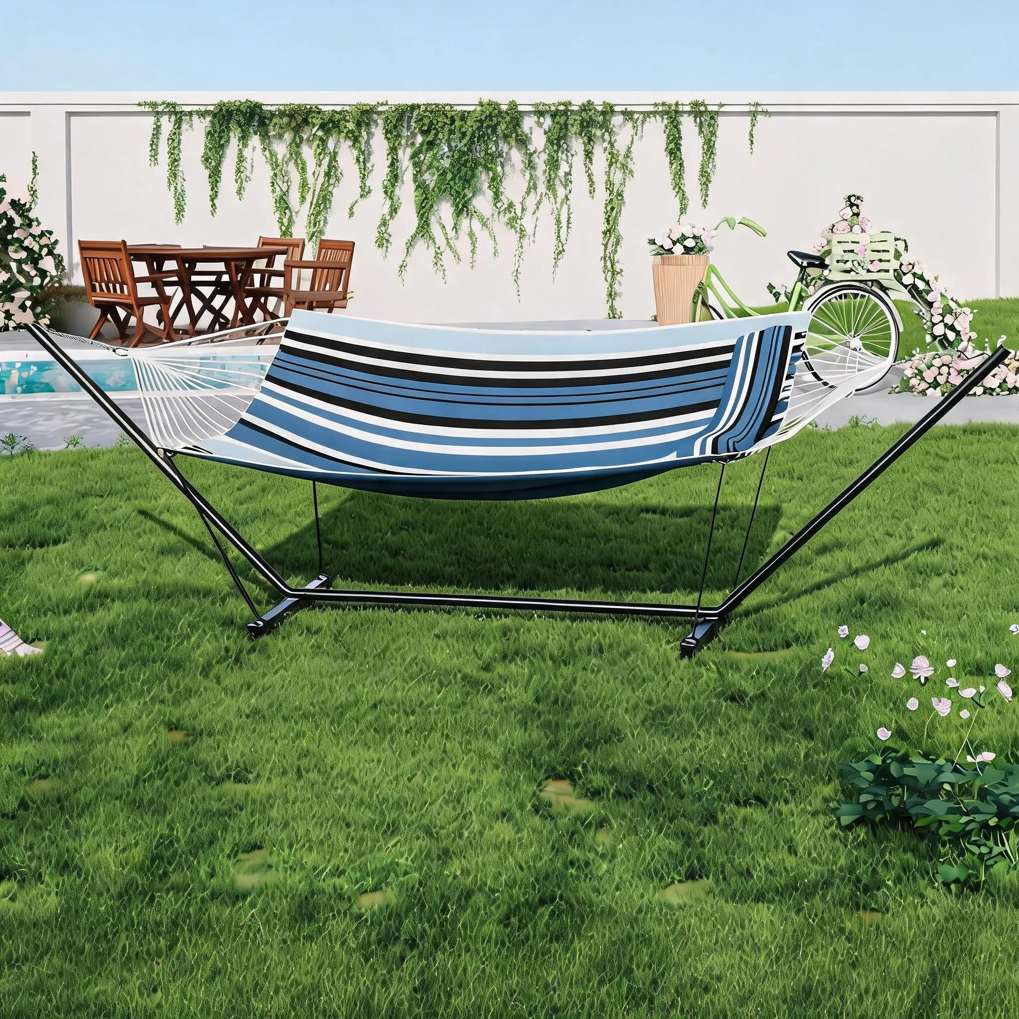 Portable Hammock with Stand Heavy Duty 2 Person Foldable Fabric Swing for Indoor Outdoor Camping Backyard Easy No Assembly Relaxation Bed
