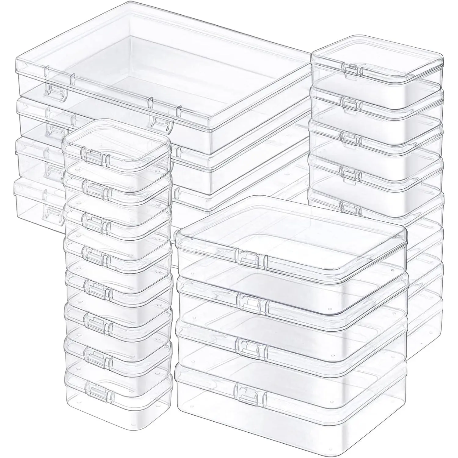 24 Pack Mixed Sizes Rectangular Mini Plastic Containers Clear Plastic Storage Boxes with Hinged Lids and Labels Empty Beads Organizers for Small Items Art Craft Jewelry Projects