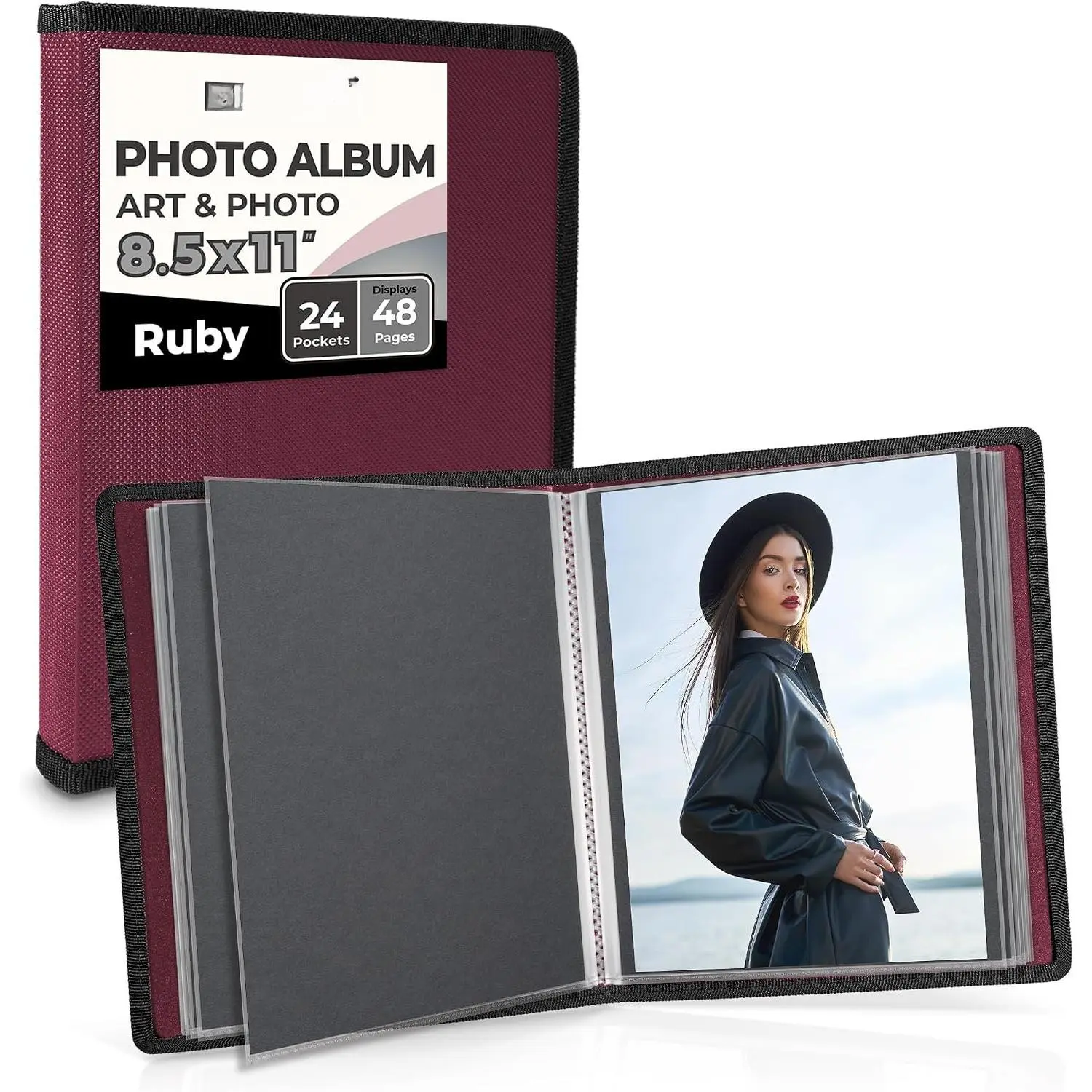 Art Portfolio 8.5x11, 24 Pockets, Displays 48 Pages,  | Black Mounting Paper Included, Acid-Free Poly Presentation Book, Portfolio Binder for Artwork