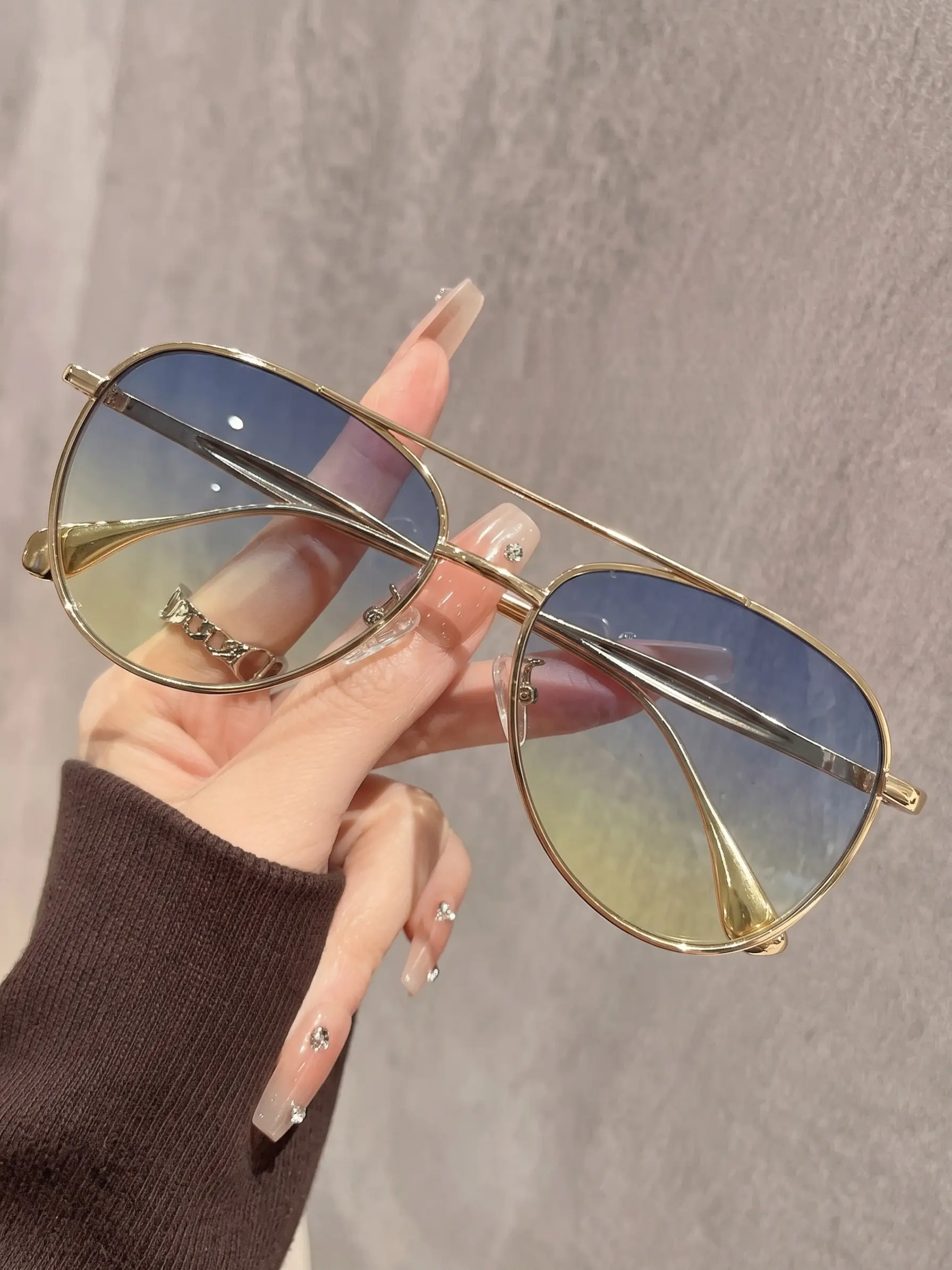 Vintage Metal Double Bridge Frog Eye Sunglasses, Street Style Travel Driving Shades, Versatile Gradient Sun Glasses for Men and Women