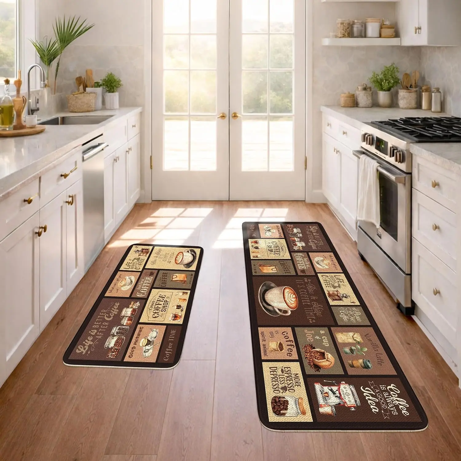 Kitchen Rugs Floor Mat Set of 2, Brown Non Slip Kitchen Decor | 16"x24" + 20"x47" inch fabric mats absorb spills, dry quickly, fold easily and feature non-slip backing for kitchen floors.