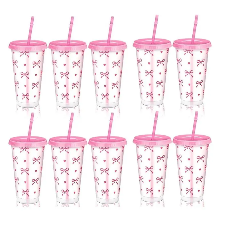 24oz Bow Plastic Cups Drinkware Set of 10, Reusable with Lids and Straws, Stylish Fun Party Cocktails Coffee Mugs for Women's Birthdays, Weddings, Bridal Showers, Portable Drinkware