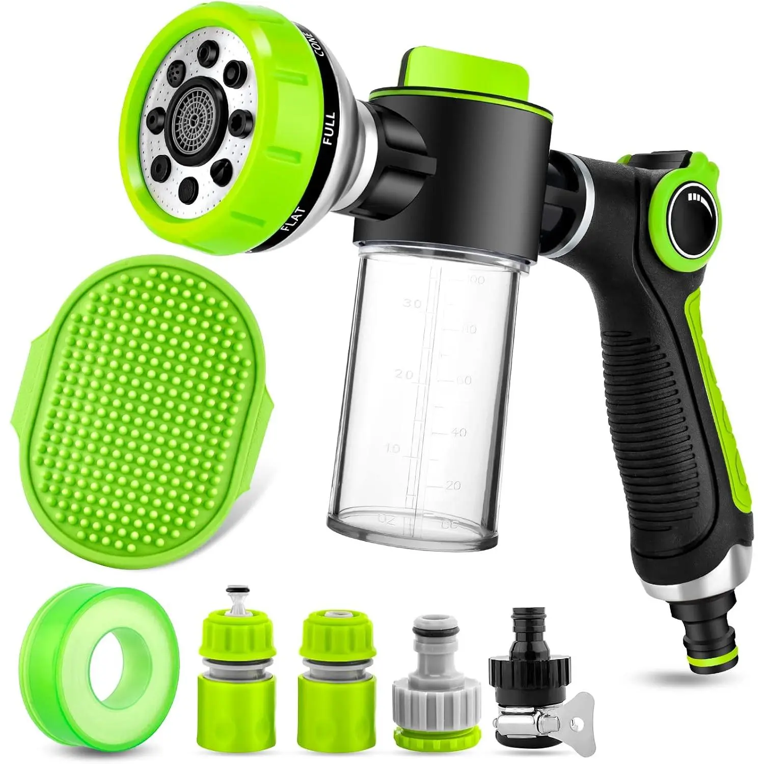 Washing Hose Attachment, 8-in-1 Sprayer Mode Garden Hose Nozzle with  Bathing Brush and 100cc Soap Dispenser Bottle, Adopted in Watering ,  Wash,  and Horse Showering (Green)