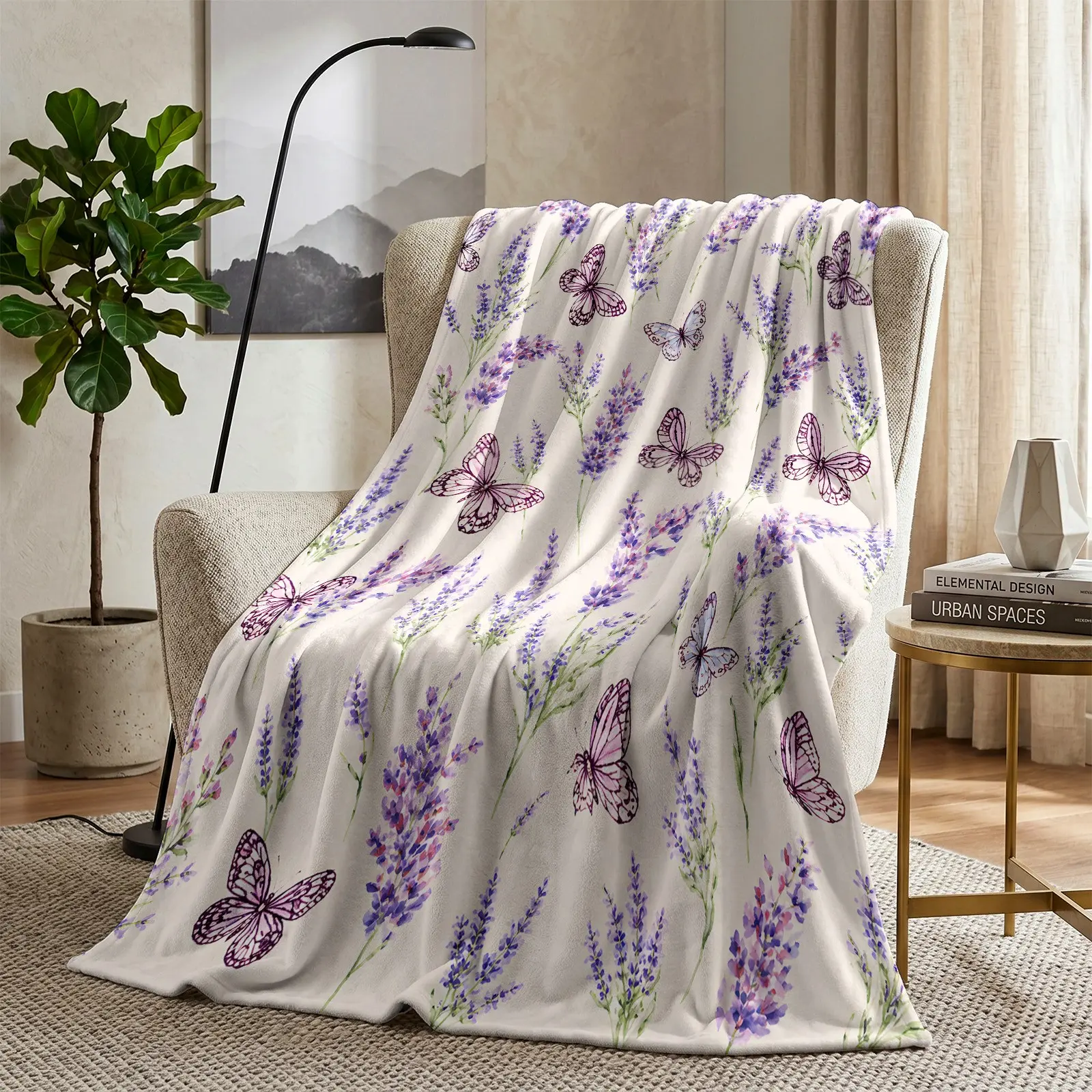 Lavender Butterfly Flannel Blanket, Soft Cream Plush Throw, Floral Print, Cozy Cottagecore Blanket for Sofa, Bed, Nap, Travel Gift
