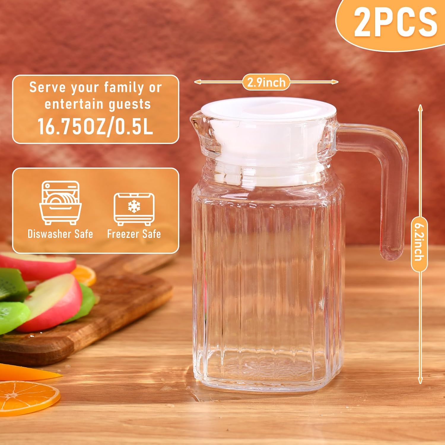 2 count Glass Pitcher with Lid and Handle Fridge Pitcher with Spout Clear Glass Water Juice Containers small Milk Jug Jar Carafef or Lemonade Iced  (16.75 oz,Stripe)
