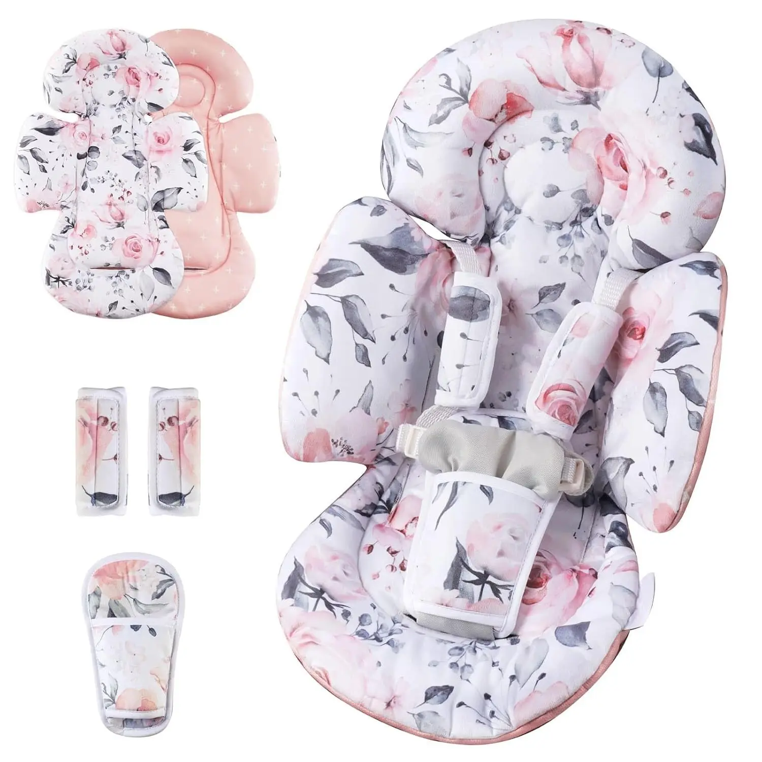 Infant Car Seat Insert Compatible with Mamaroo Swing & Graco Swing, Newborn Baby Head Body Support, Reversible Design, Breathable Soft Fabric, 1Pcs Pink Floral