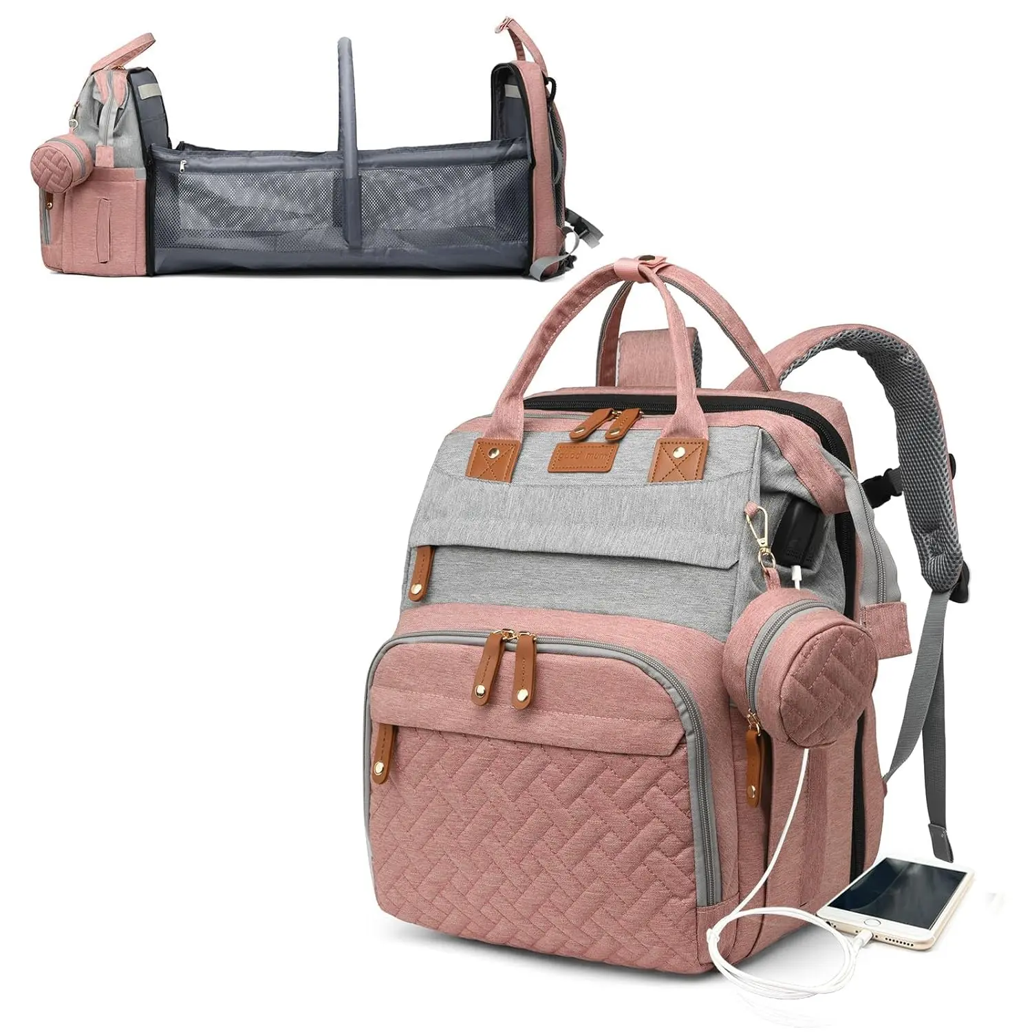 Baby Diaper Bag with Changing Pad Waterproof Diaper Backpack with USB Charging Port Large Capacity for Moms and Dads Gray-Pink Baby Gift