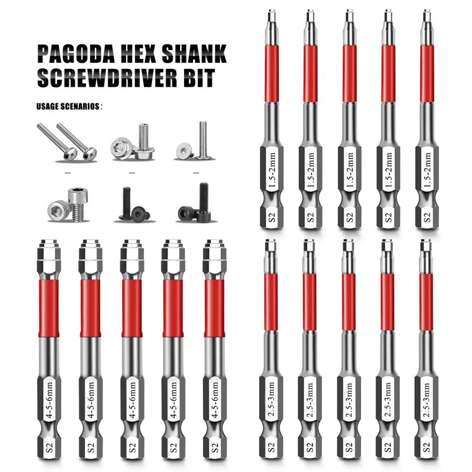 6-Piece Metal Hex Socket Screwdriver Bit Set with Hex Shanks, Pagoda Centering Internal Design, Tightens 1.5mm-6mm Millimeters Nuts, Magnetic Tips, Compatible with Drills/Wrenches, for Tools and Gadgets, Construction, Household Work,sohochic