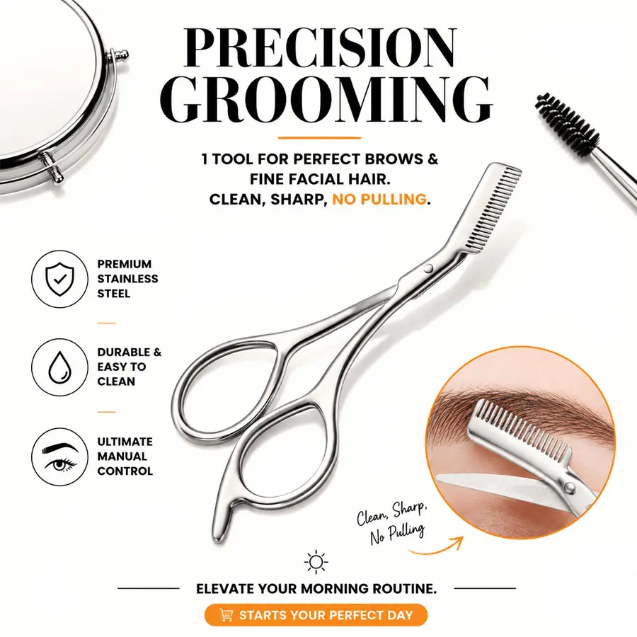 1 stainless steel eyebrow clipper with comb, integrated design, ergonomic handle, easy to operate for precise trimming