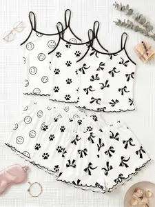 3-Piece Set, Bow Print Strap Short Pajamas, Trim Ruffle Design, Sweet Cool Girl Style, Aesthetic, Breathable Home Sleepwear