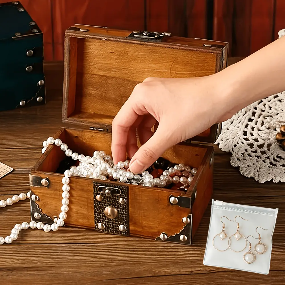 [PABHAN] 2pcs Jewelry Box And Storage Pouch, Handcrafted Vintage Wooden Jewelry Box with Security Lock, Floral-Decorated Jewelry Cabinet, Home Decor Storage, Back-to-School Gift/ Birthday Gift, Jewelry Chests