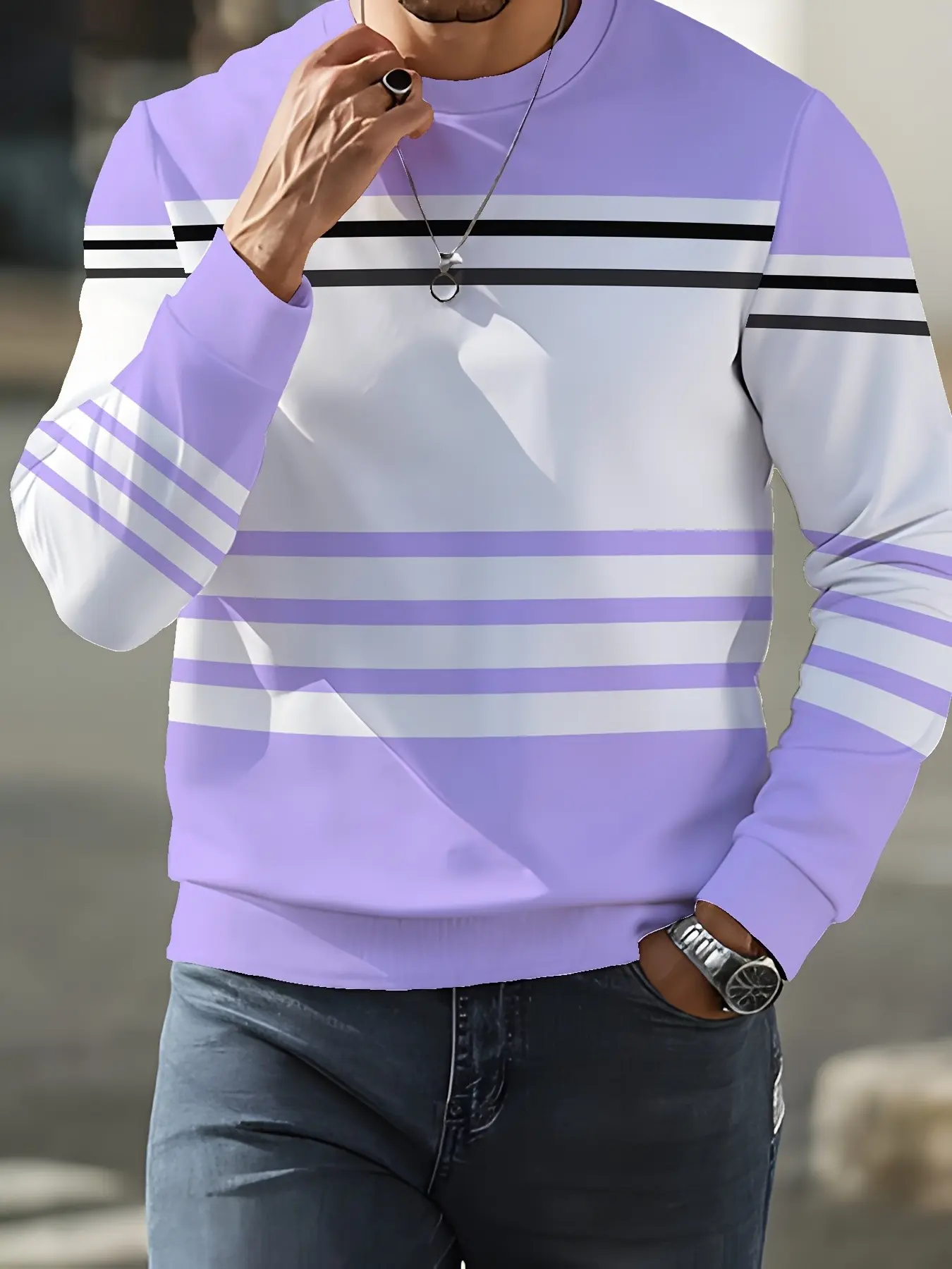 Retro Horizontal Stripe Crewneck Long Sleeve Sweatshirt Men Color Block Casual Streetwear Pullover For Daily Outfits