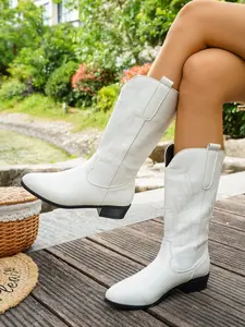 New American Retro Western Cowboy Boots for Women, Pointed Toe Embroidered Mid-Calf Thick Heel, Fashionable Long Boots for All Seasons