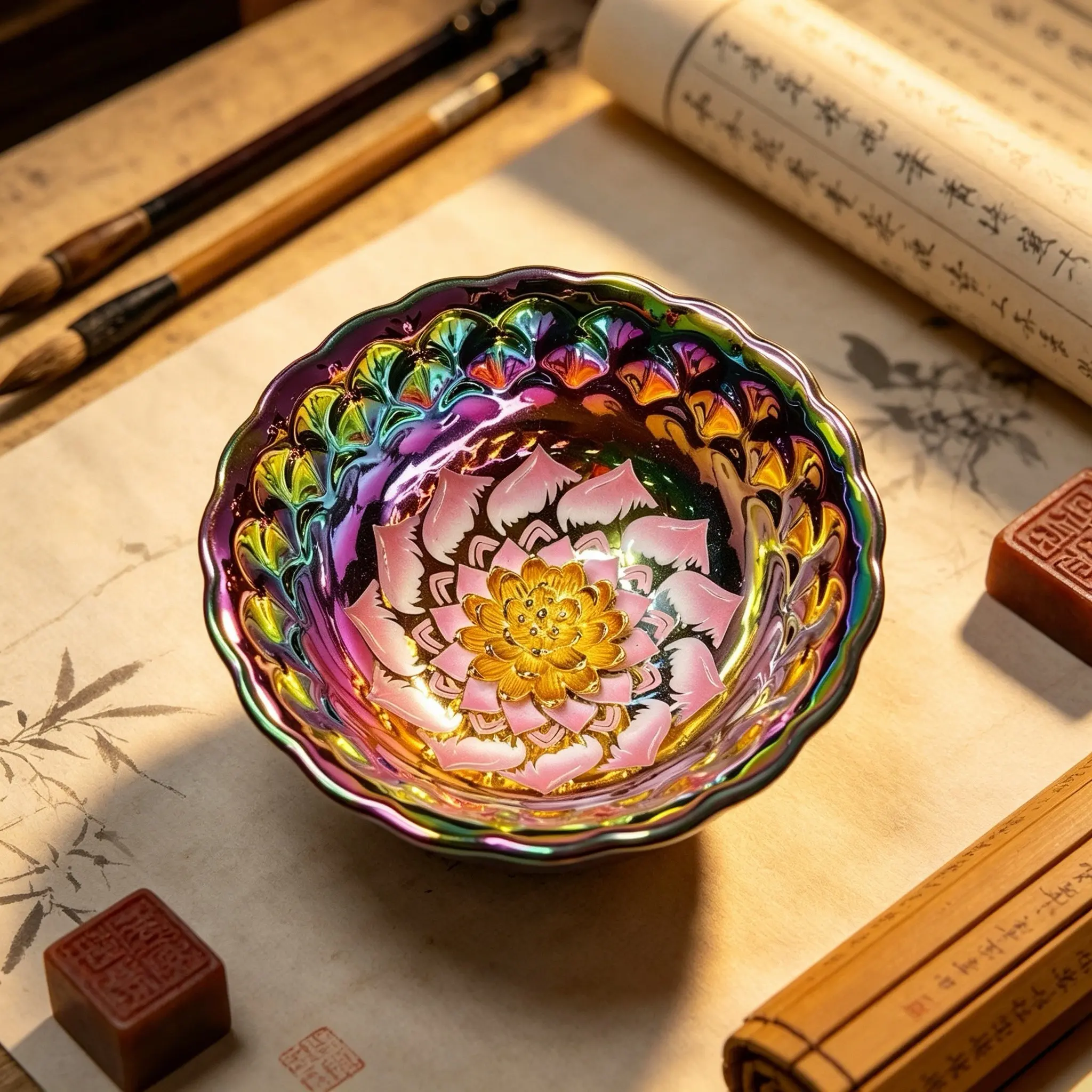 Vibrant Nacreous Lotus Jian Zhan Tea Cup, Heavy Gold Inlay Single Cup, Vintage National Style Tea Set, Self-Use Gift for Tea Room