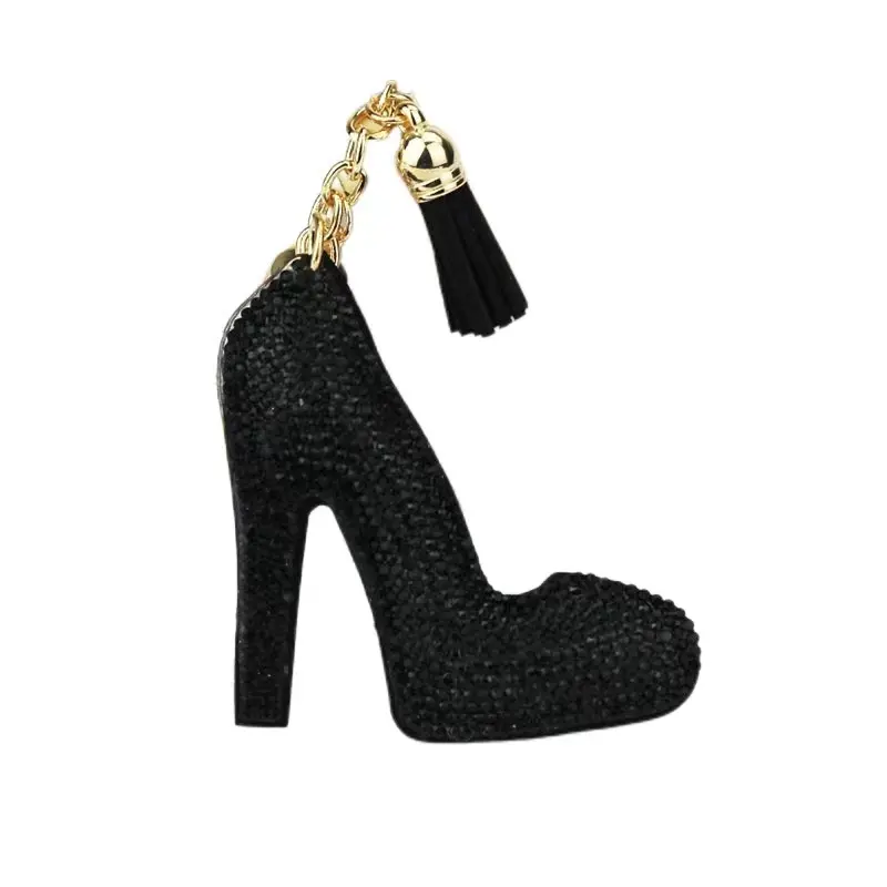 Heel Form Keychain with Pink Glitter Finish and Rhinestone Tassel, Stylish Shoe Shape Charm with Gold Tone Hardware for Handbags and Keys, Unisex, Plain