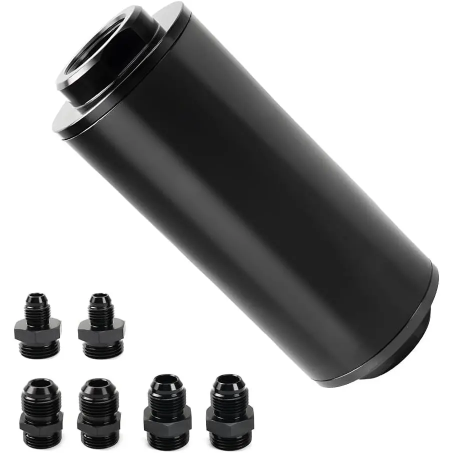 Universal 50MM 100 Micron Inline Fuel Filter with 6AN 8AN 10AN Adapter For Filtering Gasoline, Diesel, E85-Black